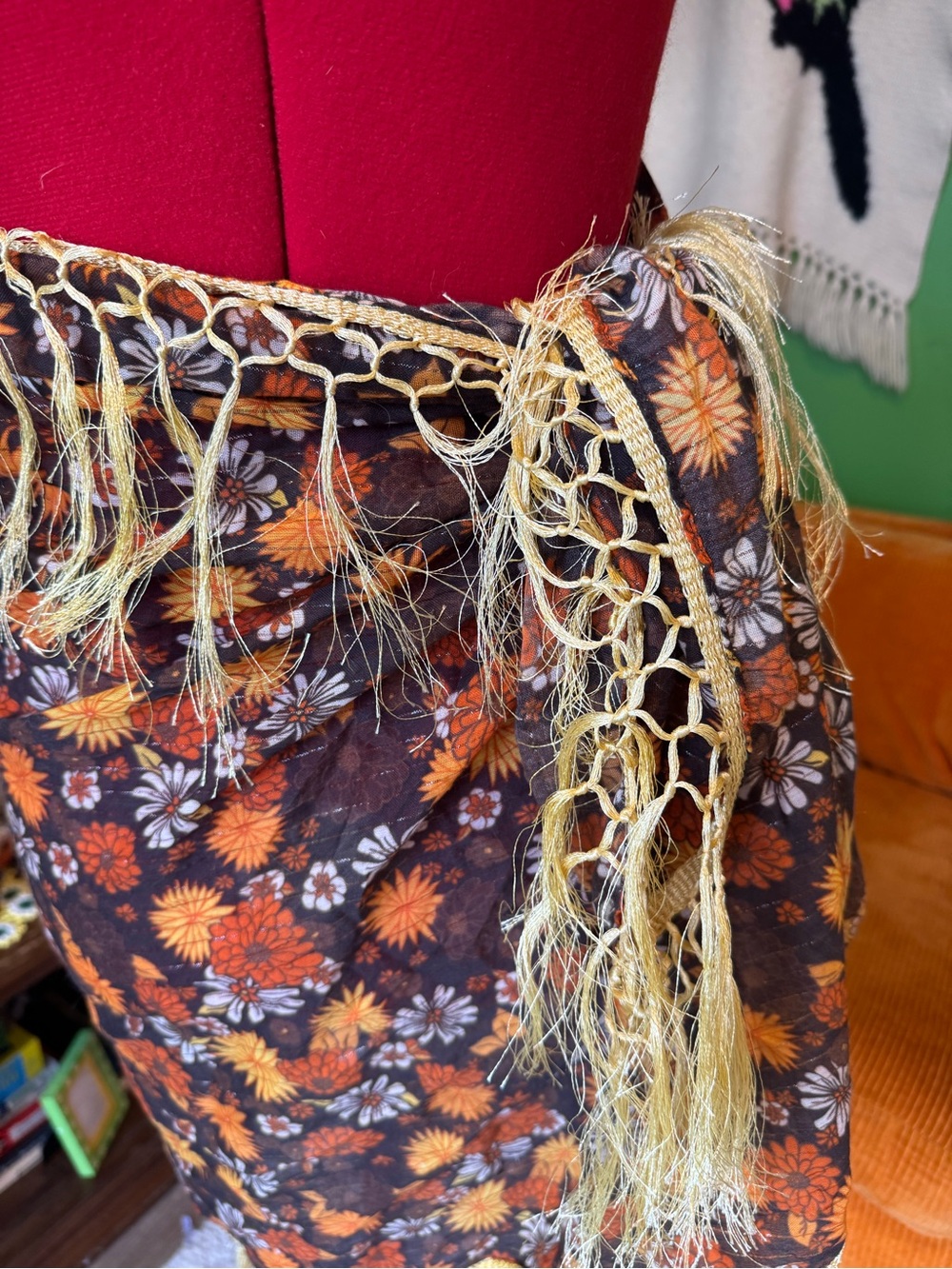Floral Fringe Wrap Scarf in Orange & Brown